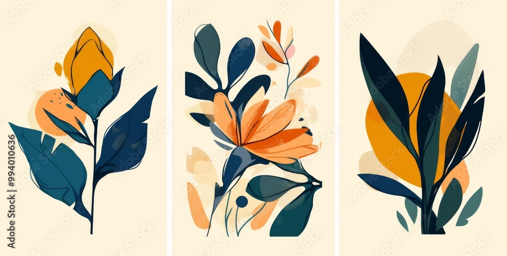 Three frame featuring a dark green leaf on a white background, an orange petal flower on a light gray background Three frame featuring a dark green leaf on a white background, an orange petal flower on a light gray background