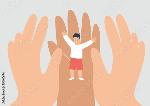 Happy child surrounded by big hands. Joyful boy receives support and care from his parents, family, and society. Adults taking care of kids. Concept of children's rights, orphans and social protection