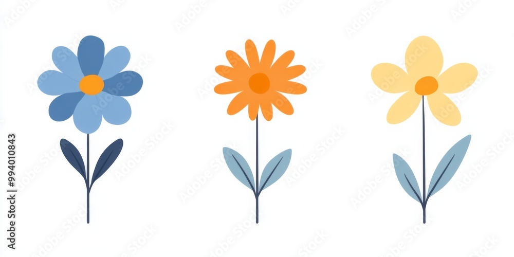 Three simple flower icons featuring blue, orange, and yellow designs Three simple flower icons featuring blue, orange, and yellow designs
