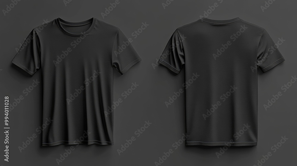 Black T-shirt mockup in front and back view, offering a clean slate for design or branding concepts. Black T-shirt mockup in front and back view, offering a clean slate for design or branding concepts.