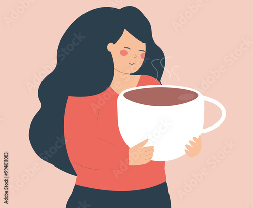 Young woman embraces a hot big cup of coffee with love. Happy female holds a large mug of coffee and enjoys the aroma with a sense of contentment. Concept of caffeine addiction. Vector stock