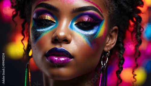 A young african woman wearing neon makeup.