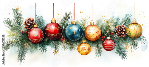 Obraz na płótnie Weihnachtsgesteck mit Kugeln und Tannenzapfen - Festliche Illustration im Bannerformat w salonie