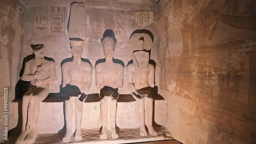 4k pan right Footage of interior Hieroglyphs in Abu SImbel Egypt. Interior Statues Of Abu Simbel Temple In Egypt. photo