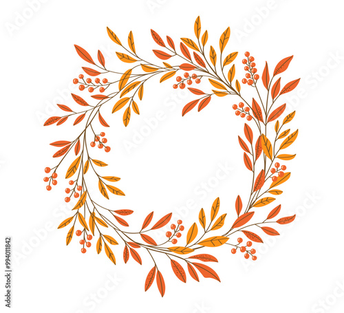 Autumn wreath with orange leaves and berries