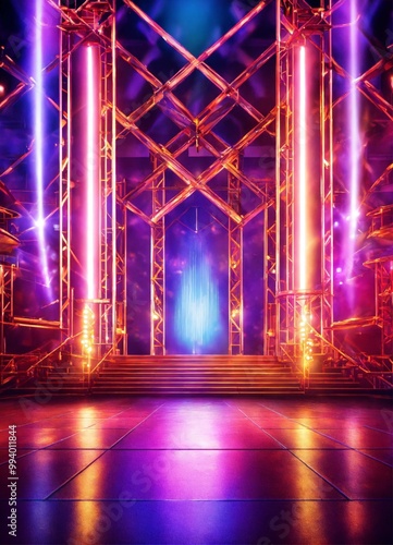 4. Background for event flyer, stock image, illuminated stage, dazzling led lights, intricate iron structures, dynamic lighting effects, concert ambiance, vibrant colors, spotlight beams, lively atmos