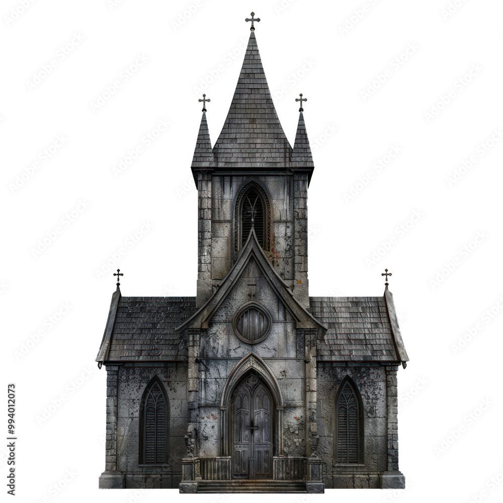 Fototapeta premium Old abandoned church with a tall steeple and weathered stone walls stands isolated against a white background