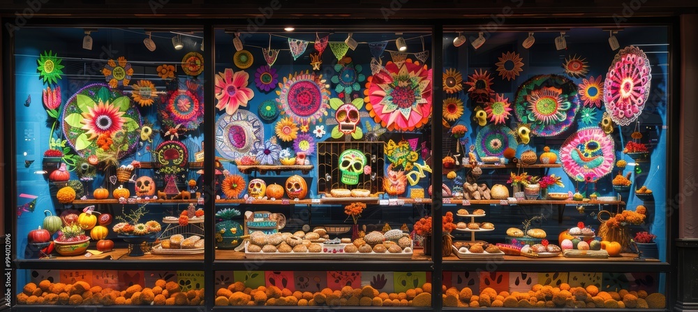 Fototapeta premium Vibrant Day of the Dead Storefront Display Featuring Pan de Muerto and Mexican Decorations for Festive Celebration