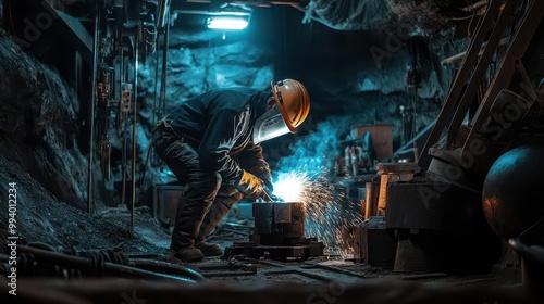 A welder in a mining equipment repair workshop, welding a massive drill bit under heavy lighting and surrounded by mining tools photo