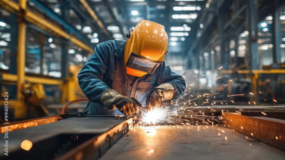 A welder using a heavyduty MIG welder to repair industrial machinery in a manufacturing plant with conveyor belts behind them A welder using a heavyduty MIG welder to repair industrial machinery in a manufacturing plant with conveyor belts behind them