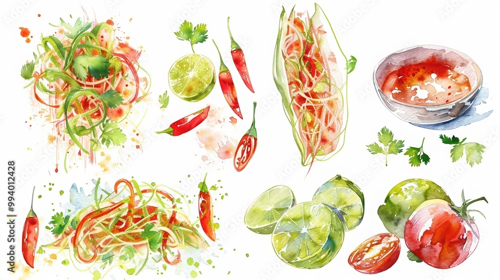 Vibrant watercolor illustrations of spicy dishes, featuring fresh ingredients like chili, lime, and tomato, perfect for culinary themes. Vibrant watercolor illustrations of spicy dishes, featuring fresh ingredients like chili, lime, and tomato, perfect for culinary themes.