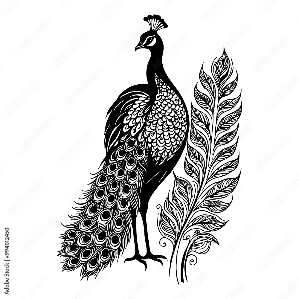 Obraz premium Black peacock on white background. Animals line art. Logo design for use in graphics. Print for T-shirts, design for tattoos.