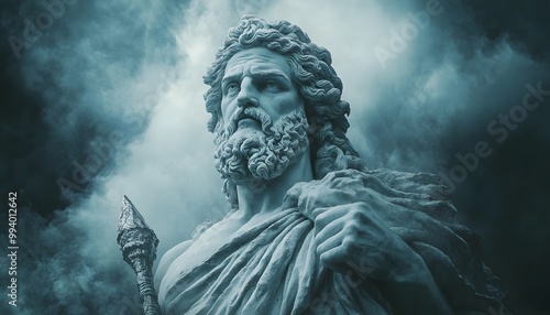 A majestic statue of Zeus, the king of the gods, holding a thunderbolt and watching over Mount Olympus