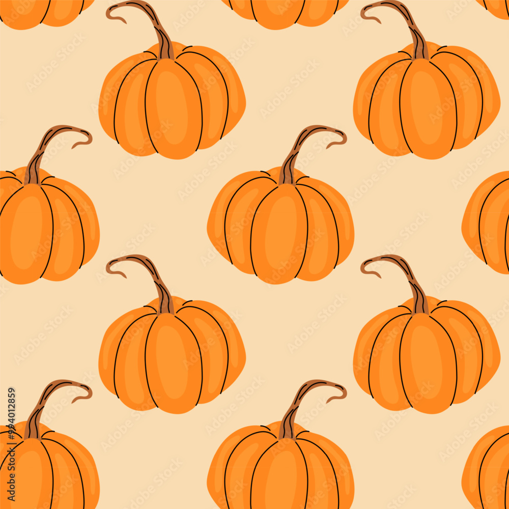 Bright orange pumpkins arranged in a repeating pattern on a light beige background Bright orange pumpkins arranged in a repeating pattern on a light beige background