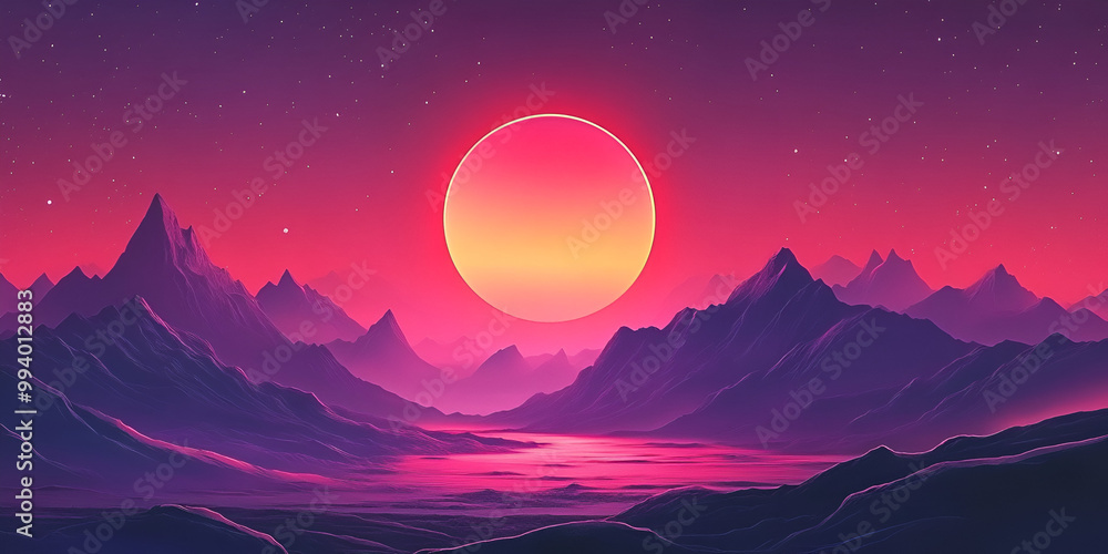 Mystical Alien Landscape with Giant Red Moon Over Water Mystical Alien Landscape with Giant Red Moon Over Water