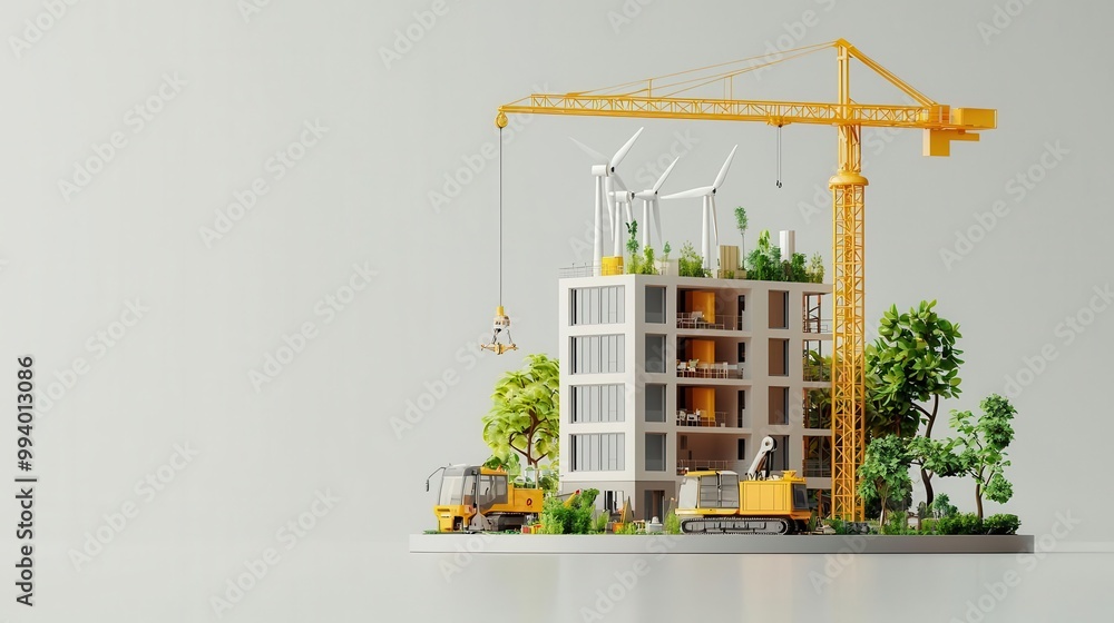 Picture of Construction site of a sustainable high-rise building, robotic machines ...