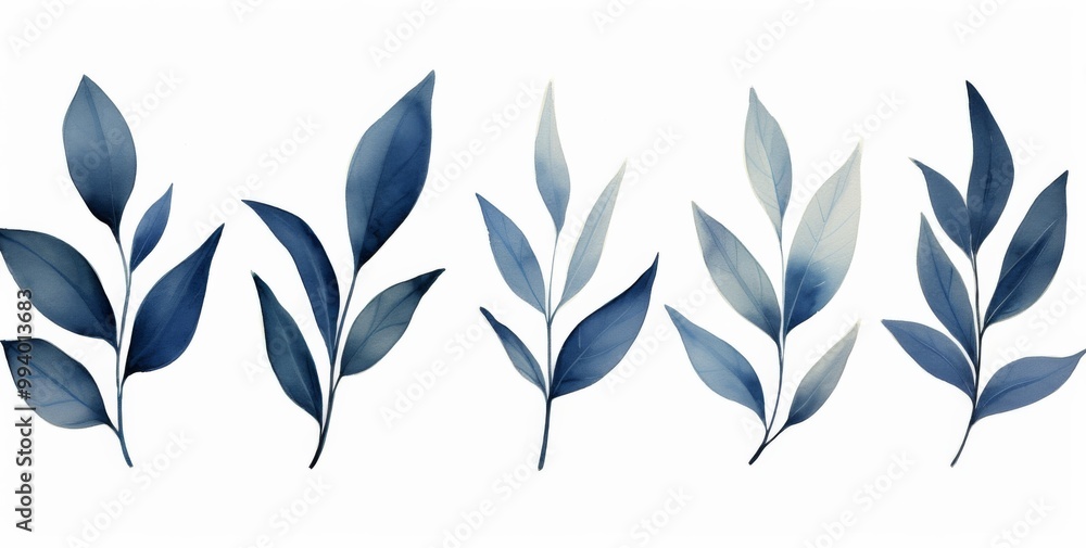 Three simple navy blue leaf designs on a white background, in a triptych style Three simple navy blue leaf designs on a white background, in a triptych style
