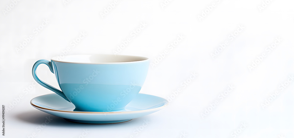 Minimalist Blue Coffee Cup with Saucer on White Background Design Minimalist Blue Coffee Cup with Saucer on White Background Design