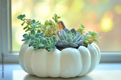 White pumpkin planter filled with succulents is sitting on a windowsill, bringing a touch of nature indoors photo