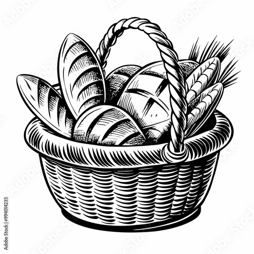 Hand Drawn Bread Basket Illustration Featuring Rustic Loaves and Wheat