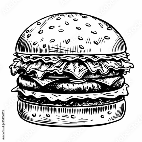 Classic Hand Drawn Burger Vector Illustration with Lettuce and Cheese Layers