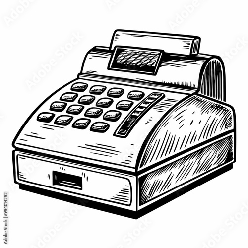 Retro Cash Register Illustration with Vintage Design and Engraved Details