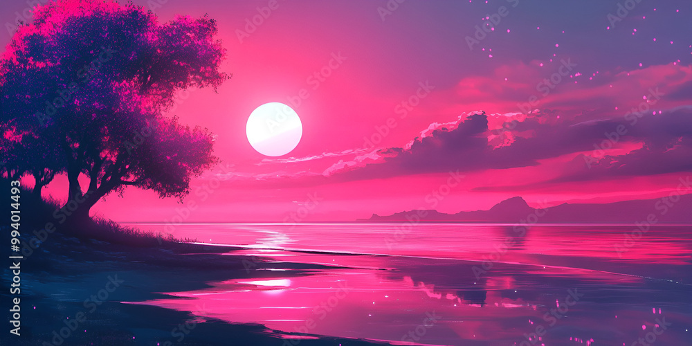 Fototapeta premium Mystical Alien Landscape with Giant Red Moon Over Water