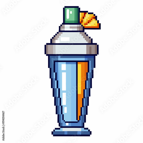 Retro Pixel Art Cocktail Shaker with Tropical Fruit Slice and Drink