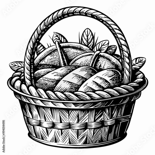 Hand Drawn Vintage Bread Basket with Rustic Loaves and Leaves Illustrations