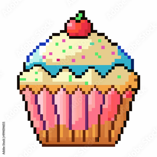 Colorful Pixel Art Cupcake with Cherry on Top and Sprinkles