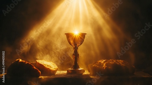 Golden chalice with bread, illuminated by a warm light.