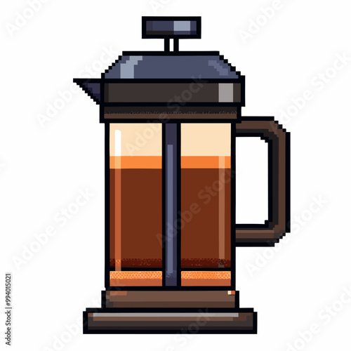 Pixel Art French Press Coffee Maker Retro Style Vector Illustration
