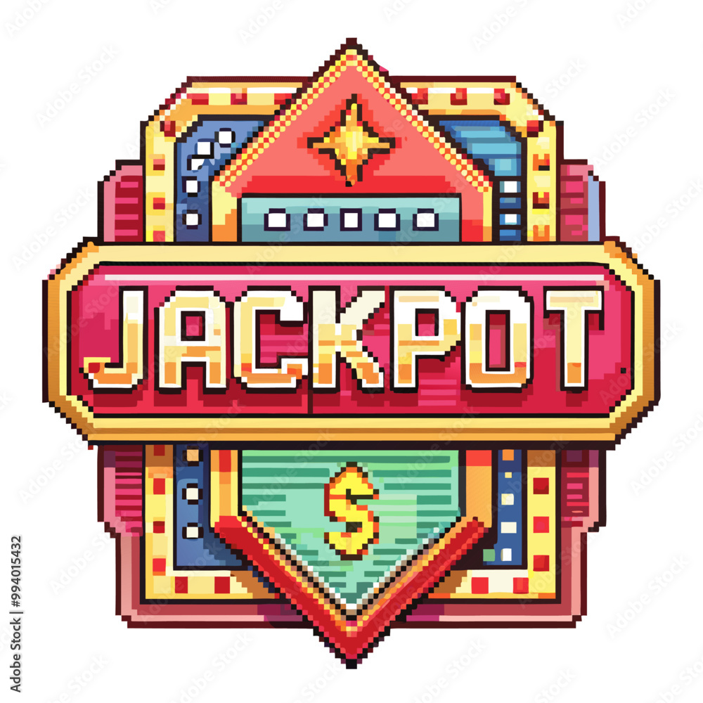 Retro Pixel Art Jackpot Sign with Casino and Money Symbols Retro Pixel Art Jackpot Sign with Casino and Money Symbols