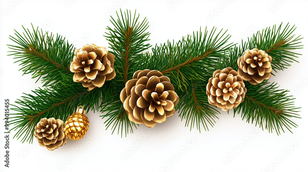 Fototapeta premium Row of red christmas ball decorations and pine cones on a green background