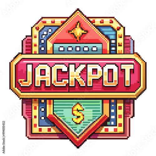 Retro Pixel Art Jackpot Sign with Casino and Money Symbols