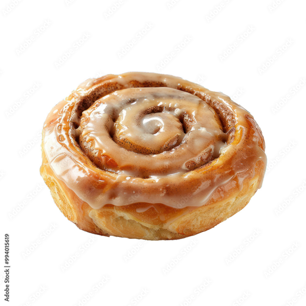 Delicious cinnamon roll drizzled with icing on white background Delicious cinnamon roll drizzled with icing on white background