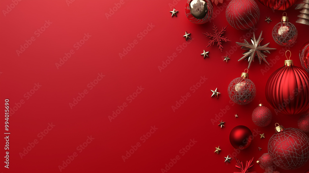 Row of red christmas ball decorations and pine cones on a green background Row of red christmas ball decorations and pine cones on a green background