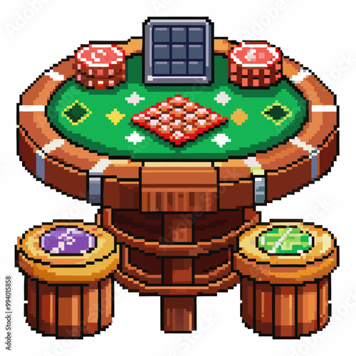 Pixel Art Casino Table with Poker Chips and Cards Game Design Element