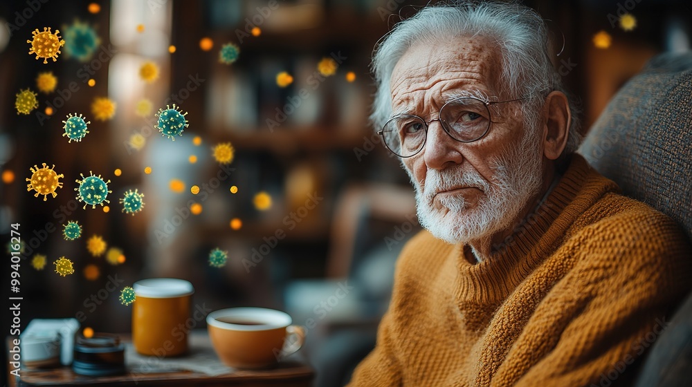 An elderly man is not feeling well, sitting at home on the sofa covered with a blanket, holding a cup with a drink in his hands and wiping his nose with a napkin from a runny nose An elderly man is not feeling well, sitting at home on the sofa covered with a blanket, holding a cup with a drink in his hands and wiping his nose with a napkin from a runny nose