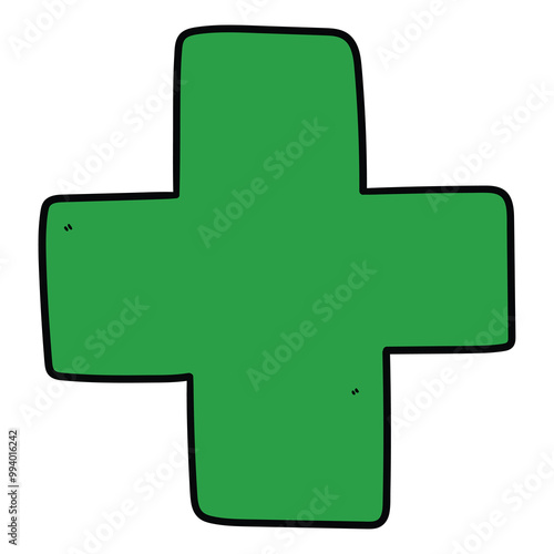 Hand drawn cartoon green cross on white background.