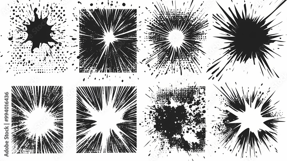 Fototapeta premium Vintage halftone comics perforated cover and grunge poster elements vector set. Narrative Illustration. Illustration