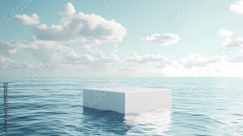 White cube podium floating above the ocean.abstract minimal surreal rendering illustration. Surreal Landscape. Illustration photo