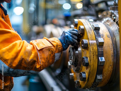 A close-up of a worker performing a safety check on machinery before operation, ensuring all protocols are followed, highlighting the importance of attention to detail in industrial safety photo