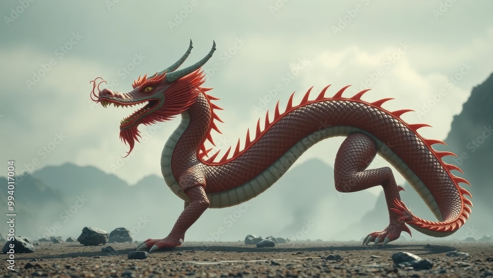 Obraz premium Powerful Red Dragon in a Misty Mountain Landscape
