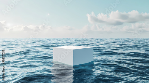 White cube podium floating above the ocean.abstract minimal surreal rendering illustration. Surreal Landscape. Illustration photo