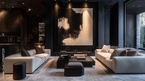 luxurious modern living room with dramatic black walls minimalist furniture in neutral tones large abstract art piece as focal point soft ambient lighting creating intimate atmosphere