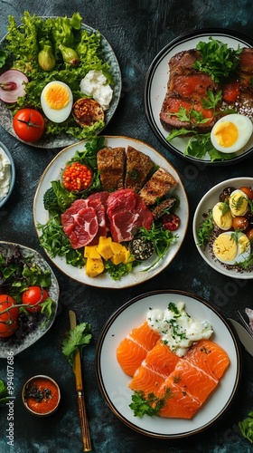 Vibrant array of gourmet dishes featuring fresh salmon, rare beef, colorful salads, and perfectly cooked eggs on rustic plates, showcasing diverse culinary delights.