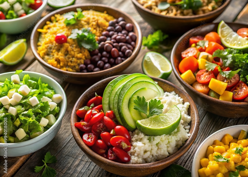 Delicious and Colorful Burrito Bowl Options with Fresh Ingredients and Toppings for a Healthy Meal Delicious and Colorful Burrito Bowl Options with Fresh Ingredients and Toppings for a Healthy Meal