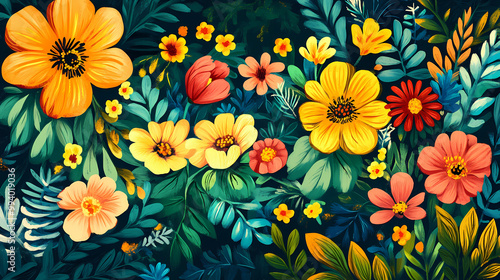 Vibrant floral pattern in a folk art style, showcasing greenery and colorful flowers representing nature's beauty. Folk Art. Illustration