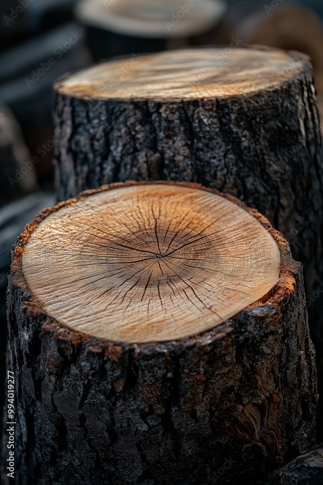 A close-up shot of tree stumps placed together reveals detailed growth rings, symbolizing passage of time and nature's endurance. A close-up shot of tree stumps placed together reveals detailed growth rings, symbolizing passage of time and nature's endurance.